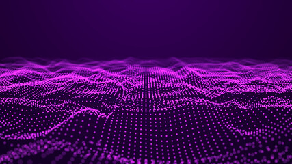 Poster - Abstract wave of particles. Smooth abstract gradient dynamic wave of many glowing particles. Network of neon dots. Big data. Digital background. 3d rendering