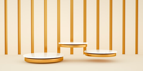 Poster - 3d render, abstract and modern minimalist background with white marble and gold. Empty platform