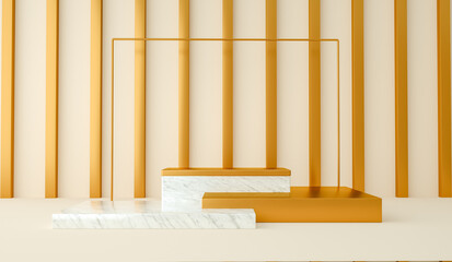 Poster - 3d render, abstract and modern minimalist background with white marble and gold. Empty platform
