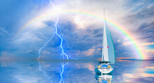 Yacht Sailing In Open Sea At Stormy Day - Anchored Sailing Yacht On Calm Sea With Tropical Storm And Double Sided Rainbow In The Background