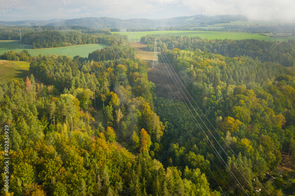 Aerial view of the high voltage power lines and high voltage electric ...