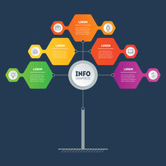 Wall Mural - Template of tree, info chart or diagram. Infographic of technology or education process with five steps. Business presentation concept with 5 options. Brochure design template, vector.