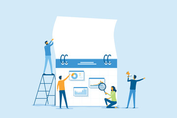 Poster - Flat vector illustration design Business marketing planning concept and team working with digital online dashboard calendar. 