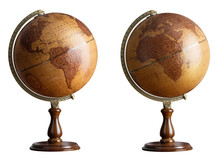 Old Style World Globe Isolated On White Background.  Two Hemispheres Of The Globe In Antique Style. South And North America And Africa, Asia, Europe.