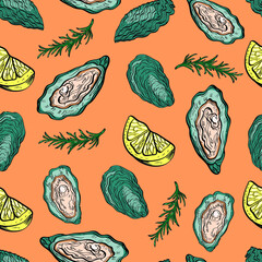 Wall Mural - Oysters sea food, line art, hand drawn vector seamless pattern isolated on color background. Concept for wallpaper, menu, cards, print