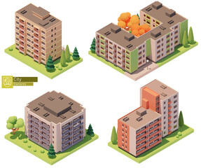 Wall Mural - Vector isometric buildings and street elements set. Houses, homes and offices. Isometric city or town map construction elements