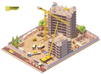 Vector isometric building construction site in the city. Modern skyscraper or monolithic building construction, tower crane, trucks, workers, excavator and other construction machinery