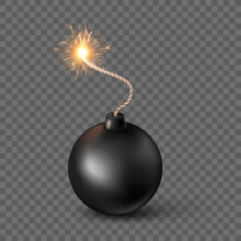 Black Sphere Bomb. Burning Fuse Black Bomb In Realistic Style. Vector Illustration