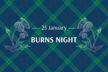 Burns Night Supper Card. Thistle On Tartan Background. Burns Night - National Holiday In Scotland. Template For Invitation, Poster, Flyer, Banner, Etc.