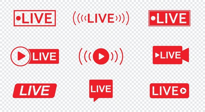live streaming icon set. video broadcasting and live streaming isolated on transparent background. red Button symbols for TV, news, movies, shows, vector illustration