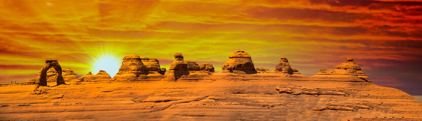 Wall Mural - Delicate Arch panoramic view, Arches National Park. High resolution image of rock formations at sunset