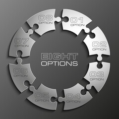 Poster - Eight sided 3d puzzle presentation infographic template with explanatory text field for business statistics