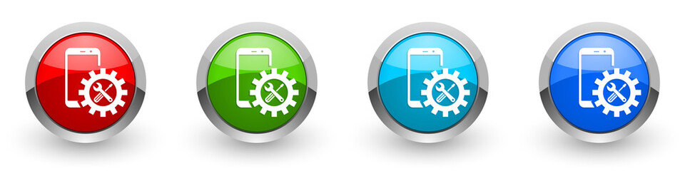 Poster - mobile phone, smartphone service silver metallic glossy icons, set of modern design buttons for web,