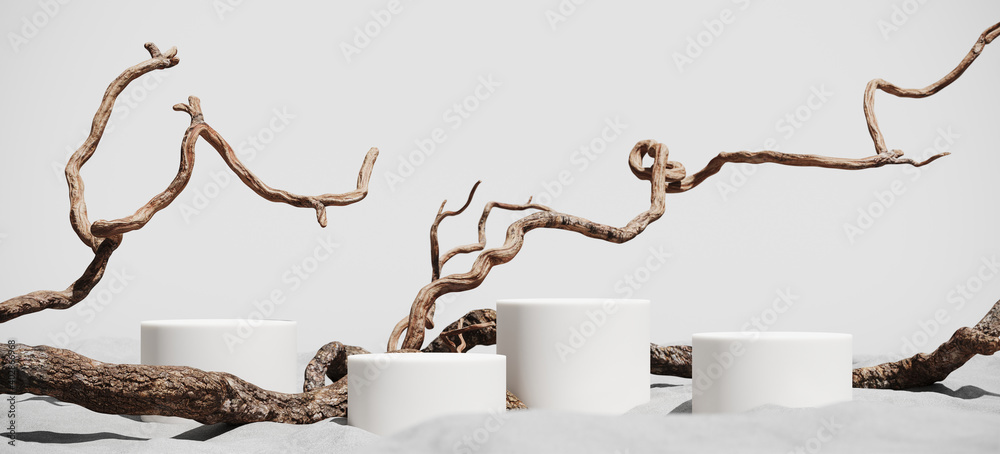 Minimal mockup background for product presentation. Podium and dry tree twigs branch with white sand beach on white background. 3d rendering illustration. Clipping path of each element included. - obrazy, fototapety, plakaty 