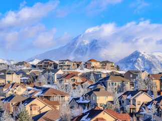 Wall Mural - Homes and mountain in Highland Utah on a spectacular sunny winter landscape