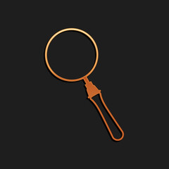 Poster - Gold Magnifying glass icon isolated on black background. Search, focus, zoom, business symbol. Long shadow style. Vector.