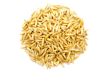 Wall Mural - Oat seeds are isolated on white, top view. Oat seeds isolated on a white background. Oat grains isolated on white background, top view. Pile of oat seeds. Avena grain on a white background.