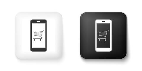 Leinwandbilder - Black and white Online shopping concept. Shopping cart on screen smartphone icon isolated on white background. Concept e-commerce, online business marketing. Square button. Vector.