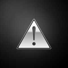 Poster - Silver Exclamation mark in triangle icon isolated on black background. Hazard warning sign, careful, attention, danger warning important sign. Long shadow style. Vector.