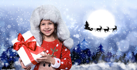 Poster - Cute little child and Santa Claus flying in his sleigh against moon sky on background. Christmas celebration