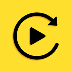Poster - Black Video play button like simple replay icon isolated on yellow background. Long shadow style. Vector.