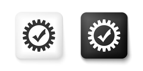 Poster - Black and white Gear with check mark icon isolated on white background. Cogwheel simple icon. Approved service sign. Transmission Rotation Mechanism symbol. Square button. Vector.