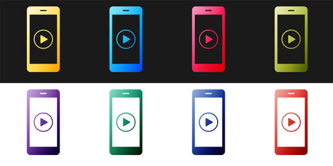 Fototapete - Set Smartphone with play button on the screen icon isolated on black and white background. Vector.
