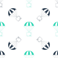 Poster - Green Box flying on parachute icon isolated seamless pattern on white background. Parcel with parachute for shipping. Delivery service, air shipping concept, bonus. Vector.