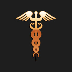 Wall Mural - Gold Caduceus medical symbol icon isolated on black background. Medicine and health care concept. Emblem for drugstore or medicine, pharmacy snake. Long shadow style. Vector.