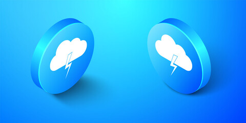 Poster - Isometric Storm icon isolated on blue background. Cloud and lightning sign. Weather icon of storm. Blue circle button. Vector.