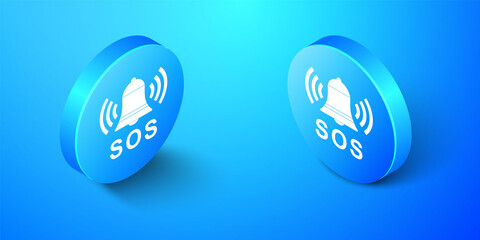 Poster - Isometric Alarm bell and SOS lettering icon isolated on blue background. Warning bell, help sign. Emergency SOS button. Blue circle button. Vector.