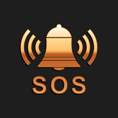 Poster - Gold Alarm bell and SOS lettering icon isolated on black background. Warning bell, help sign. Emergency SOS button. Long shadow style. Vector.