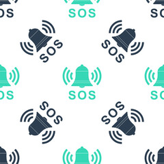 Poster - Green Alarm bell and SOS lettering icon isolated seamless pattern on white background. Warning bell, help sign. Emergency SOS button. Vector.