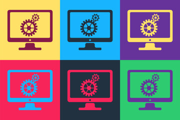Fototapete - Pop art Computer monitor and gears icon isolated on color background. Adjusting app, service, setting options, maintenance, repair, fixing concepts. Vector.