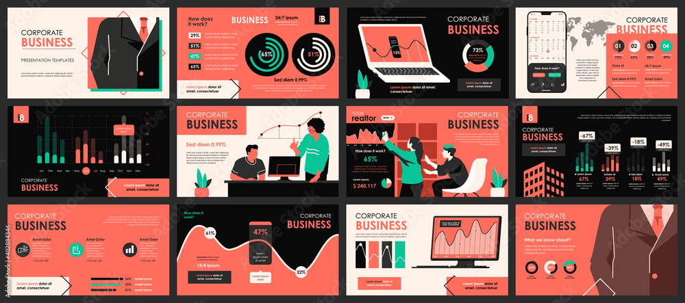 Business meeting presentation slides templates from infographic elements and vector illustration. Can be used for presentation teamwork, brochure, marketing, annual report, banner, booklet. - obrazy, fototapety, plakaty 