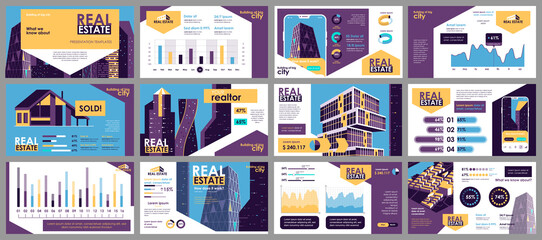 Wall Mural - Real estate presentation slides templates from infographic elements and vector illustration. Can be used for presentation real estate agency, brochure, marketing, annual report, banner, booklet.