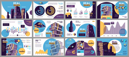 Poster - Real estate presentation slides templates from infographic elements and vector illustration. Can be used for presentation real estate agency, brochure, marketing, annual report, banner, booklet.