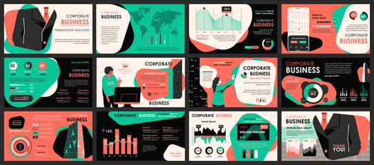 Business meeting presentation slides templates from infographic elements and vector illustration. Can be used for presentation teamwork, brochure, marketing, annual report, banner, booklet.