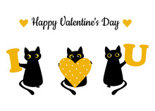 Black Cat And A Yellow Heart With Polka Dots. Valentine's Day Greeting Card. Pattern For Fashion Prints On Cups, Textiles, Clothes, Notebooks. 