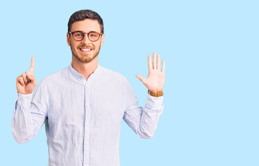 Handsome young man with bear wearing elegant business shirt and glasses showing and pointing up with fingers number six while smiling confident and happy.