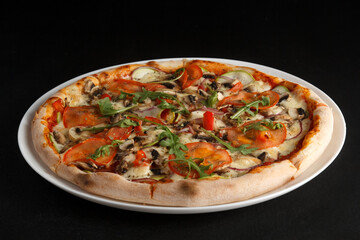 fragrant and hot pizza on a dark background