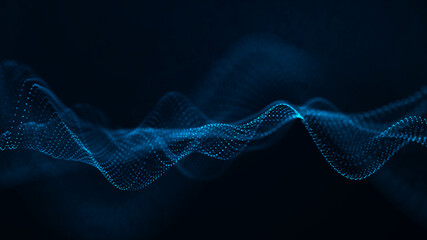 Abstract wave with moving dots. Flow of particles. Cyber technology illustration. 3d rendering