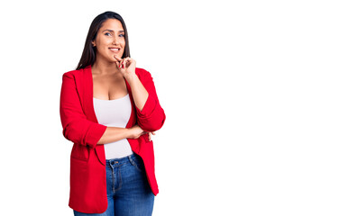 Sticker - Young beautiful brunette woman wearing elegant clothes looking confident at the camera with smile with crossed arms and hand raised on chin. thinking positive.