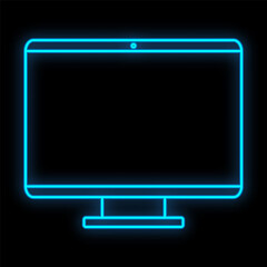 Poster - Bright luminous blue digital neon sign for shop or workshop service center beautiful shiny with a modern flat-panel LCD computer monitor on a black background. illustration