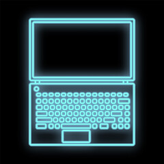 Poster - Bright luminous blue digital neon sign for a store or workshop service center beautiful shiny with a modern compact laptop computer laptop on a black background. illustration