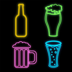 Wall Mural - Set of bright luminous multi-colored neon signs for a cafe bar restaurant beautiful shiny with beer bottles and mugs on a black background. illustration