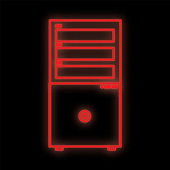 Poster - A bright luminous red digital neon sign for a store or workshop service center is beautiful shiny with a modern stationary personal computer on a black background. illustration