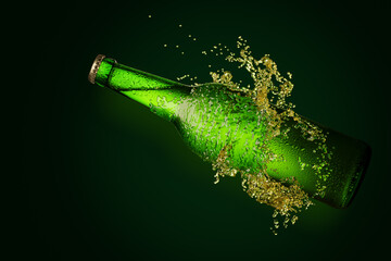 Canvas Print - Green beer bottle with long neck in splash of beer.