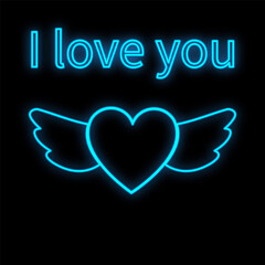 Wall Mural - Bright luminous blue festive digital neon sign for a store or card beautiful shiny with love wings with a heart on a black background with the inscription I love you. illustration