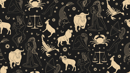 Wall Mural - Seamless pattern - signs of the zodiac. Gold illustration of astrological signs on a dark background. Magical illustrations of women and animals in the blooming sky.